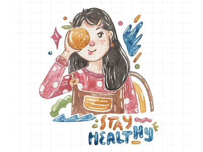 Stay healthy 🍊✨ color cute girl illustration hand drawing healthy illustration portrait watercolor