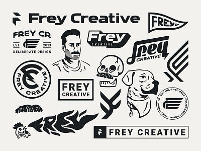 Frey Creative Brand Identity badge brand branding creative design dog f frey graphic design icon identity illustration logo mustache personal skull typography vector