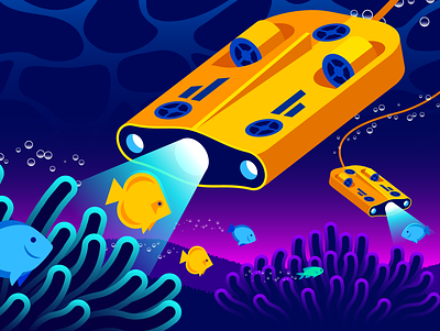 Istio / Datadog Editorial Illustration (Part 2) bubbles coral fish gradient illustration illustrator istio light logs metrics monitoring reef submersible traces vector wave