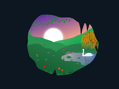 cave sunset affinity designer bird cave contest design field flowers illustration nature pond stars sunset swan vector vexza yay