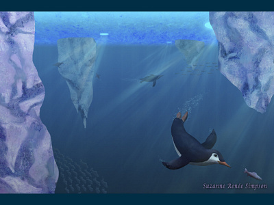 Penguins Swimming Under Ice animals antarctica digital painting fish icebergs illustration ocean penguin penguins polar underwater wildlife