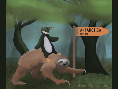 Lost Penguin Journey to Antarctica animals animals illustrated digital painting forest illustration penguin sloth