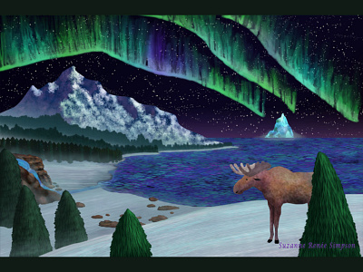 Northern Lights Over Snowscape animals aurora aurora borealis digital painting illustration landscape ocean winter