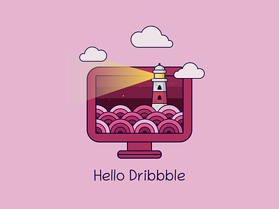 Hello Dribbble! design hello dribble illustration lighthouse print screen simple illustration vector art waves