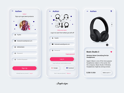 Product page login mobile app design neumorphism online store app product page signup