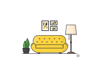 Yellow Sofa cartoon design flower geometry home illustration lamp livingroom outline picture plant simple sofa vector web webdesign yellow