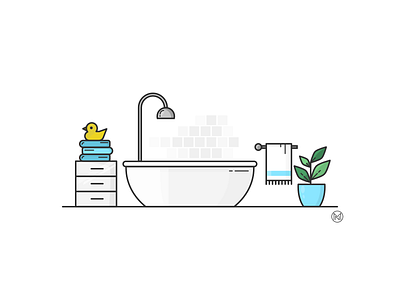 Bathroom bath bathroom cartoon clean design designer illustration illustrator outline plant shapes shower simple towel vector water webdesign white
