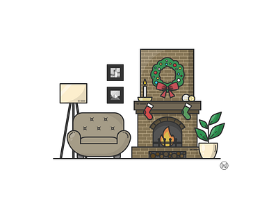 Weekly Warm up cartoon christmas cozy decoration dribbbleweeklywarmup fire fireplace illustration lamp livingroom outline shapes simple socks vector warmup web weekly wreath