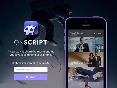 OnScript Signup Page app film iphone landing movies page quotes signup