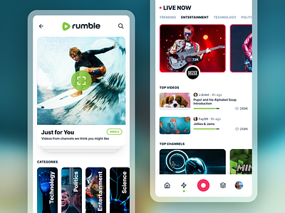 Rumble Discover app discover interface live mobile network player product rumble sharing social swipe ui video
