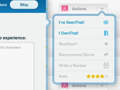 SeenTh.at Actions actions film form interaction interface menu movies network popup seenthat sharing social ui ux web