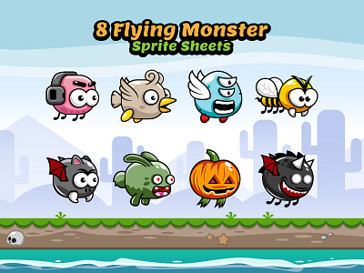 Eight Cute Flying Monster Game Characters android game flappy flying game art game asset game character gamedev mobile games sidescroller sprite sheet