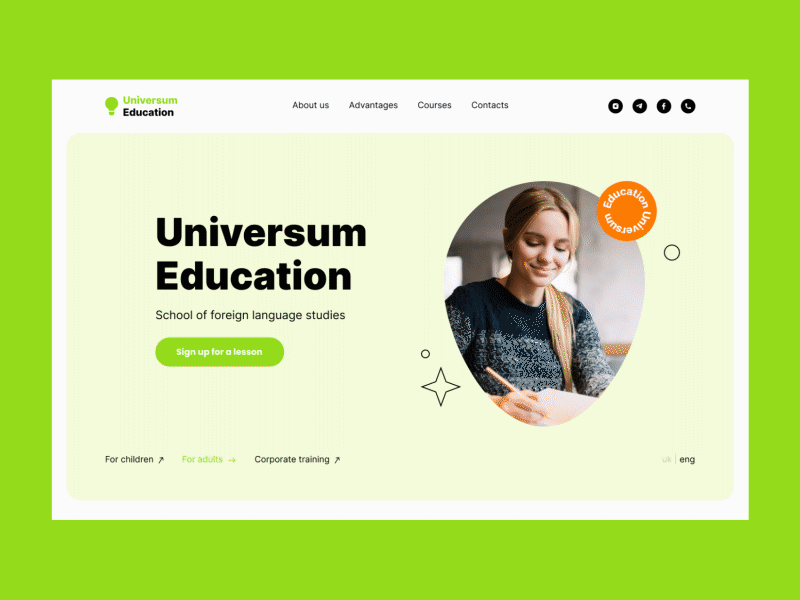 Universum Education — website 2023 3d aestetic animation course design digital figma foreign illustration lessons line minimal school studio study trend ui university web