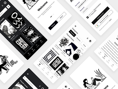 E-Book Mobile App Design Concept. app black and white design concept ebook library mobile ui