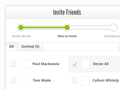 Invite Friends filter steps tabs ui