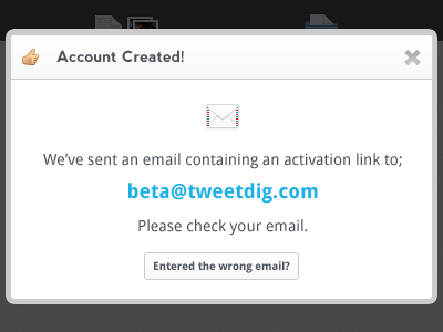 TweetDig - Account Activation Modal button email icons modal