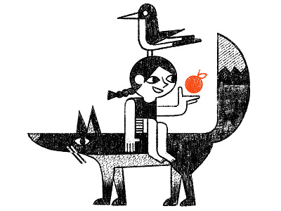 Magpie, girl, orange and fox. animals character design children illustration picture books