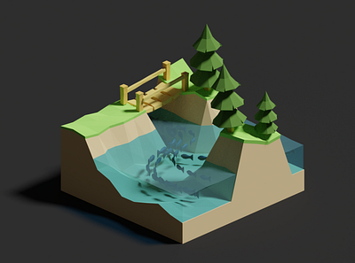 River 3d blender bridge brooks cycles diorama fish illustration lowpoly render river water