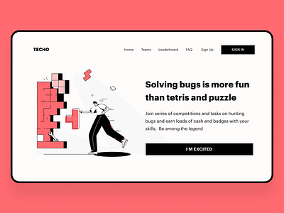 Solving bugs like tetris for coder black bugs coding design hero illustration ipad landingpage minimal minimalist programmer puzzle red simple simple clean interface tetris ui ui ux web app