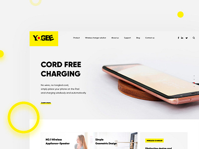 Yogee Wireless - corporate site charging design gray webdesign website white wireless yellow