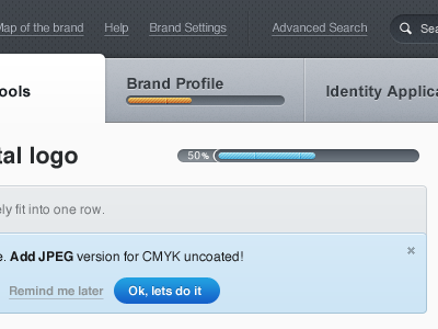 Brand Manager app bar blue gray metter progress tabs ui user interface web app