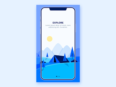 Onboarding - Explore branding dark design discover explore hills illustration ios iphone low poly meadows minimal mountain onboarding sun sunset tent trees ui vector