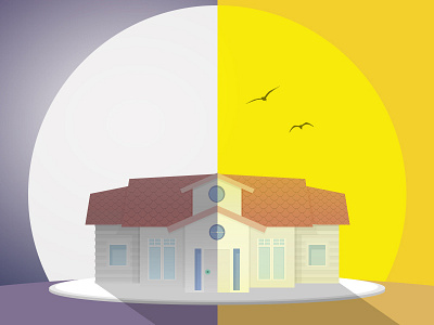 Day n Night abode birds flat colors flying birds house mansion minimal moon sun sunset villa