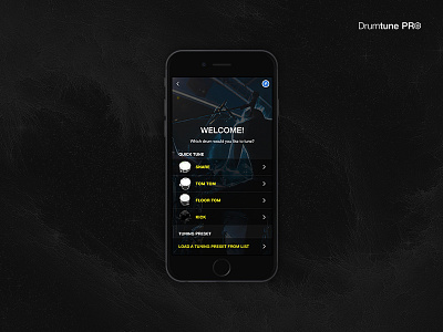Welcome Screen [Drumtune PRO] bass dark drum floortom kick menu onboarding options snare tom tuner welcome