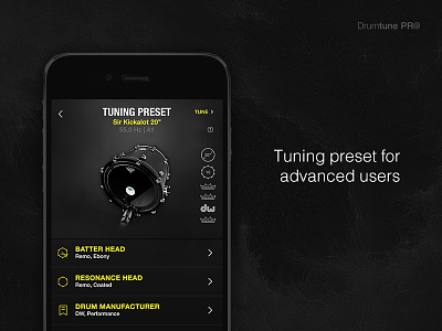 Tuning Preset - Drum Definition Menu [Drumtune PRO] bass batter brands dark drum kick menu options resonance snare tom tuner
