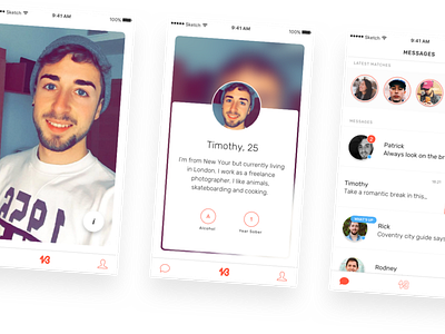 Dating app swipe screen and messages by Supersuper agency on Dribbble