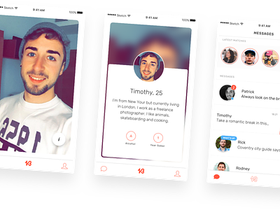 Dating app swipe screen and messages
