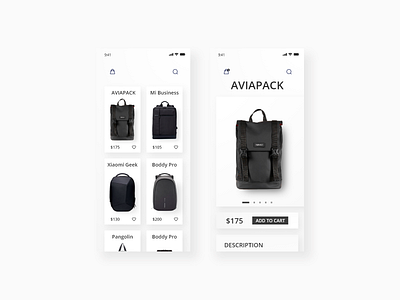 BackPack Shop app backpack black design interface design minimal mobile shop store ui ux uxui white