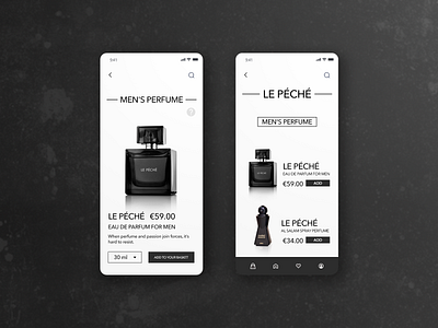 Perfume shop app dark design interface design minimal mobile perfume bottle perfumery perfumes shop store ui ux uxui white