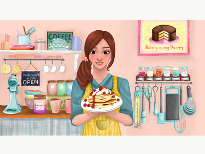 Baking is my therapy! art background baking cartoon character color colorful cute design drawing equipment female homemade illustration kitchen painting pancake pastel shop sweet