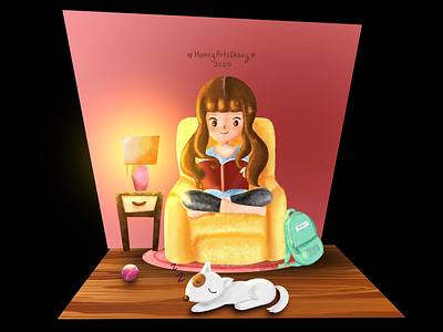 Night Owl book cartoon cute feel good girl night pet reading relax