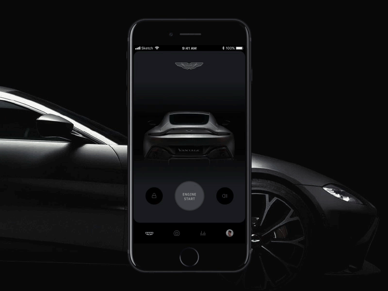 Aston Martin Engine Start animation app button car cars clean experience landing minimal navigation ui