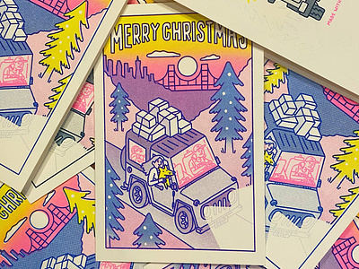 Riso Holiday Cards bay area cards dog golden gate bridge jeep print risograph