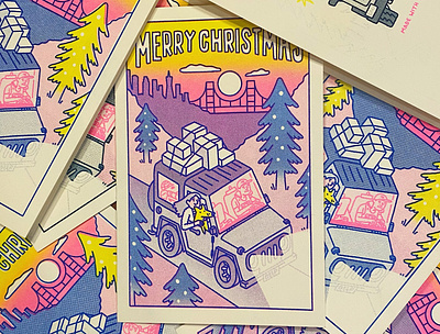 Riso Holiday Cards bay area cards dog golden gate bridge jeep print risograph