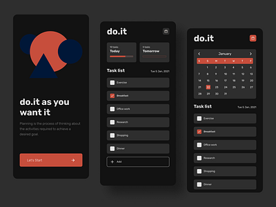 do.it | task management app 🔥[Dark] app design daily ui dark app dark mode dark theme dark ui figma design flat design mobile app mobile app design task list task manager todo app todo list ui ui ux user interface ui