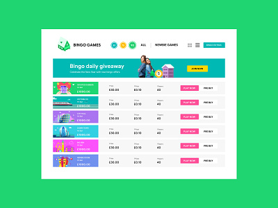 bingo lobby list view bingo bingogame casino slots ui ux visual design website