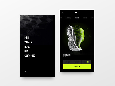 Nike UI Exploration app black design e commerce exploration mobile navigation nike shoes typography ui vibrant