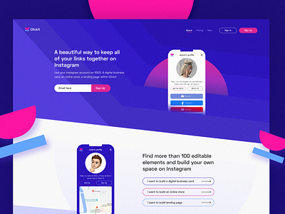 Clickit - a beautiful tool for Instagram click instagram tool landing page landing page concept landing page ui landing pages website