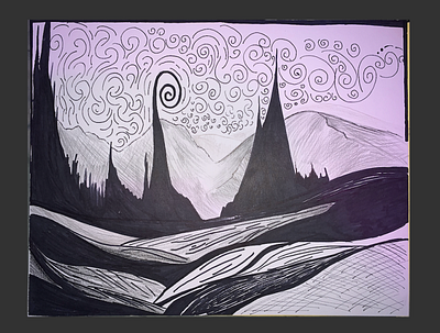 Mystical land black black and white curves mountains sharpie sketch