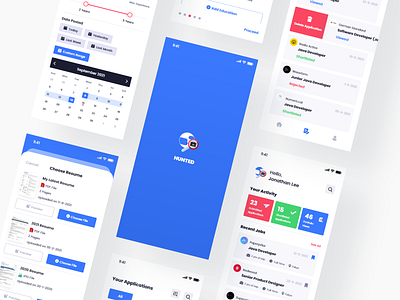 HUNTED - A Job Finder App design filter flat ui hire illustration job job finder linkedin logo minimal mobile app design mobile ui onboarding recruitment software ui ux uidesign uiux uiux design uiuxdesign