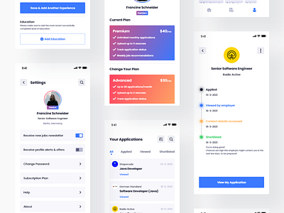 HUNTED - A Job Finder App design illustration job job finder jobs app logo mobile app design mobile ui plans pricing plan profile recruitment settings subscription ui ux uidesign uiux uiux design uiuxdesign