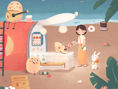 薯片酒屋奇妙探访之旅 beach cute flower girl illustration rabbit sea summer winehouse