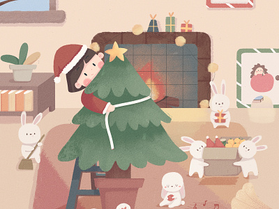 Christmas Eve christmas party christmas tree cute girl home illustration rabbit