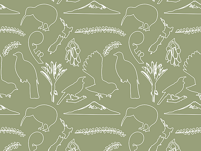 Baby Pattern Design New Zealand Theme colour design drawing drawings fern flat illustration illustrator kiwi kowhai line linear lineart minimal minimalism minimalistic pattern vector