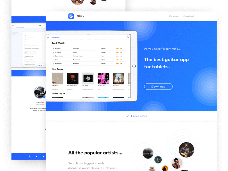 Gitty — Landing page after effects animated animation minimalism music principle redesign sketch typography ui ux website