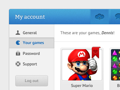 My account account blue control panel dashboard games overview ui upload